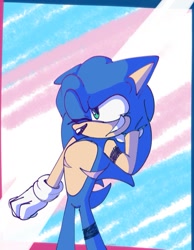 Size: 801x1031 | Tagged: safe, artist:spinelxsteven, sonic the hedgehog, abstract background, floppy ear, hand behind head, one eye closed, smile, solo, standing, top surgery scars, trans male, transgender