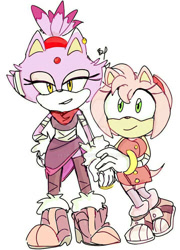 Size: 600x834 | Tagged: safe, artist:peopletwo, amy rose, blaze the cat, cat, hedgehog, 2017, amy x blaze, cute, female, females only, holding hands, lesbian, looking at viewer, shipping