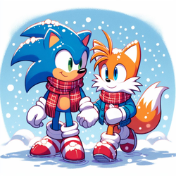 Size: 1024x1024 | Tagged: safe, ai art, miles "tails" prower, sonic the hedgehog, 2024, abstract background, coat, cute, duo, gay, holding hands, outdoors, prompter:swiftfurai, scarf, shipping, smile, snow, snowing, sonic x tails, standing, walking, winter, winter outfit