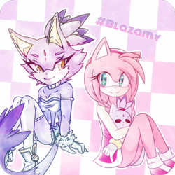 Size: 894x894 | Tagged: safe, artist:maki-r0ll, amy rose, blaze the cat, cat, hedgehog, 2019, amy x blaze, cute, doll, female, females only, lesbian, looking at viewer, shipping