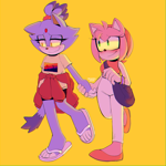 Size: 1200x1200 | Tagged: safe, artist:deaddu, amy rose, blaze the cat, cat, hedgehog, 2020, amy x blaze, blushing, cute, female, females only, holding hands, lesbian, looking at them, shipping, smile