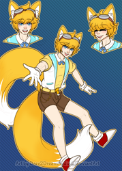 Size: 1071x1500 | Tagged: safe, artist:kyuupitto, miles "tails" prower, human, 2023, humanized, outline, smile, solo, striped background, watermark