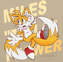 Size: 573x565 | Tagged: safe, artist:tattlezone, miles "tails" prower, 2023, character name, flying, gradient background, looking offscreen, mouth open, redraw, signature, solo, spinning tails