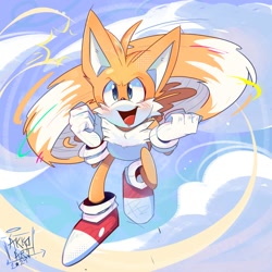 Size: 2000x2000 | Tagged: safe, artist:amyzuzucki, miles "tails" prower, 2024, abstract background, clenched fists, clouds, flying, looking ahead, mouth open, signature, smile, solo, spinning tails