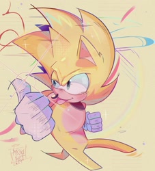 Size: 1710x1880 | Tagged: safe, artist:amyzuzucki, sonic the hedgehog, super sonic 2, 2024, looking offscreen, signature, solo, super form, tongue out