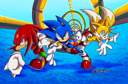 Size: 2048x1353 | Tagged: safe, artist:riotaiprower, artist:stupidfred0, knuckles the echidna, miles "tails" prower, sonic the hedgehog, sonic heroes, 2023, abstract background, looking at viewer, signature, smile, special stage, sphere, standing, team sonic, trio