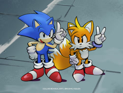 Size: 1280x968 | Tagged: safe, artist:daniux, artist:rushklysolen, miles "tails" prower, sonic the hedgehog, sonic the ova, 2023, abstract background, duo, frown, looking at viewer, pointing, redraw, smile, v sign