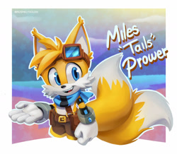 Size: 1280x1114 | Tagged: safe, artist:rushklysolen, miles "tails" prower, abstract background, alternate universe, au:star, bag, belt, border, character name, clothes, goggles, lineless, looking at viewer, mouth open, outline, scarf, shorts, smile, solo, standing