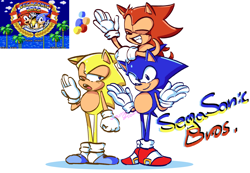 Size: 2992x2072 | Tagged: safe, artist:larry_queerzooka, sonic the hedgehog, brothers, reference inset, segasonic bros, simple background, standing, trio, white background