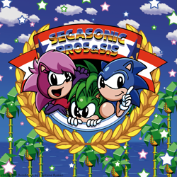 Size: 1061x1061 | Tagged: safe, artist:capitainebyakko, manik the hedgehog, sonia the hedgehog, sonic the hedgehog, 2020, abstract background, brother and sister, clouds, palm tree, redraw, segasonic bros, siblings, star (symbol), title screen, trio, water