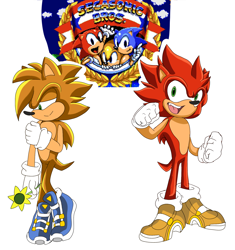 Size: 1564x1667 | Tagged: safe, artist:cyclone62, hedgehog, 2023, brothers, duo, flower, holding something, redesign, reference inset, segasonic bros, siblings, simple background, smile, soap shoes, sunflower, white background
