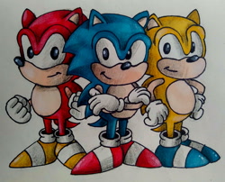 Size: 2780x2248 | Tagged: safe, artist:anxiousalex2004, sonic the hedgehog, 2023, brothers, classic sonic, looking at viewer, segasonic bros, siblings, smile, standing, traditional media, trio