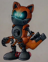 Size: 1576x2042 | Tagged: safe, artist:anxiousalex2004, 2023, black sclera, glowing eyes, looking offscreen, metal tails, robot, solo, standing, traditional media