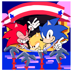Size: 2048x2048 | Tagged: safe, artist:chipchappcomic, sonic the hedgehog, abstract background, brothers, frown, redraw, segasonic bros, siblings, smile, trio, v sign
