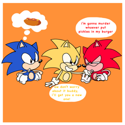 Size: 2048x2048 | Tagged: safe, artist:chipchappcomic, sonic the hedgehog, border, brothers, chili dog, dialogue, english text, hand on another's shoulder, orange background, segasonic bros, siblings, simple background, speech bubble, thought bubble, trio