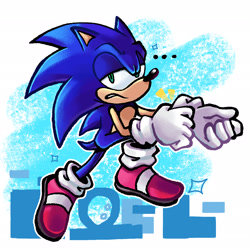 Size: 2048x2048 | Tagged: safe, artist:chipchappcomic, sonic the hedgehog, ..., abstract background, clenched teeth, fixing glove, frown, lidded eyes, looking at viewer, outline, solo, star (symbol)