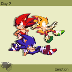Size: 1200x1200 | Tagged: safe, artist:restlessdipstick, sonic the hedgehog, 31 days sonic, border, brothers, cross popping vein, frown, green background, looking at viewer, looking offscreen, mouth open, segasonic bros, siblings, simple background, trio, watermark