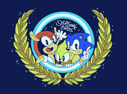 Size: 1280x943 | Tagged: safe, artist:mightysen, mighty the armadillo, ray the flying squirrel, sonic the hedgehog, blue background, blushing, looking at viewer, looking offscreen, mouth open, pointing, redraw, segasonic bros, simple background, smile, sparkles, trio
