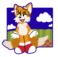 Size: 1280x1261 | Tagged: safe, artist:vurrsys, miles "tails" prower, green hill zone, 2024, clouds, goggles, goggles on head, lidded eyes, looking offscreen, mouth open, outline, semi-transparent background, smile, solo, standing, trans female, transgender