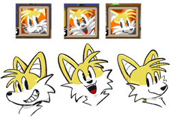 Size: 1170x811 | Tagged: safe, artist:colloidalamber, miles "tails" prower, looking at viewer, mouth open, redraw, reference inset, robotnik ring racer, simple background, smile, solo, white background