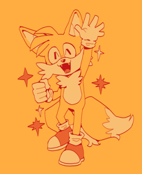 Size: 1329x1629 | Tagged: safe, artist:sephtatos, miles "tails" prower, clenched fist, cute, eyes closed, fangs, mouth open, simple background, smile, solo, standing on one leg, star (symbol), tailabetes, waving, yellow background