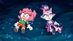 Size: 736x414 | Tagged: safe, artist:wikihowhowtoexist, amy rose, blaze the cat, cat, hedgehog, 2024, amy x blaze, amy's classic dress, blaze's tailcoat, crossover, female, females only, lesbian, shipping, steven universe (series)