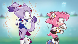 Size: 1024x576 | Tagged: safe, artist:blehmaster7, amy rose, blaze the cat, cat, hedgehog, 2022, amy x blaze, angry, cute, eyes closed, female, females only, laughing, lesbian, shipping