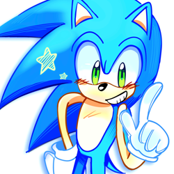 Size: 2048x2048 | Tagged: safe, artist:snt0skt, sonic the hedgehog, blushing, clenched teeth, hand on hip, looking at viewer, pointing, simple background, smile, solo, standing, star (symbol), white background