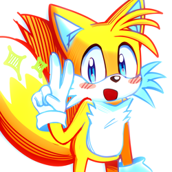 Size: 2048x2048 | Tagged: safe, artist:snt0skt, miles "tails" prower, blushing, looking at viewer, mouth open, simple background, smile, solo, star (symbol), v sign, white background