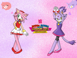 Size: 1024x768 | Tagged: safe, artist:ameliarozeta, amy rose, blaze the cat, cat, hedgehog, 2016, amy x blaze, female, females only, gymnastic outfit, lesbian, looking at viewer, mario & sonic at the olympic games, mario and sonic at the london 2012 olympic games, medal, shipping