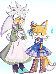 Size: 1536x2048 | Tagged: safe, artist:kptya, miles "tails" prower, sails, silver the hedgehog, blushing, crossdressing, cute, dress, duo, femboy, gay, gradient background, heart, lidded eyes, looking at them, looking away, mouth open, shipping, signature, silvails, silver x sails, smile, standing, sweatdrop