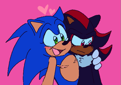 Size: 561x392 | Tagged: safe, artist:darkwingdumbass, shadow the hedgehog, sonic the hedgehog, arm around shoulders, blushing, duo, eyelashes, frown, gay, heart, looking offscreen, pink background, redraw, shadow x sonic, shipping, simple background, smile, sonic prime s3, standing, top surgery scars, trans male, transgender