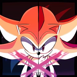 Size: 2048x2048 | Tagged: safe, artist:nullvoxy, shadow the hedgehog, sonic the hedgehog, super shadow, super sonic, 2024, duo, looking at viewer, super form, two sides