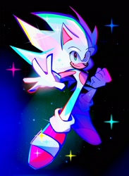 Size: 1500x2048 | Tagged: safe, artist:kuroiyuki96, sonic the hedgehog, abstract background, clenched fist, flying, hyper form, hyper sonic, looking at viewer, smile, solo, sparkles