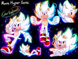 Size: 2048x1547 | Tagged: safe, artist:sketchquill, sonic the hedgehog, black background, dialogue, english text, flying, glowing, hyper form, hyper sonic, movie style, simple background, solo, sparkles
