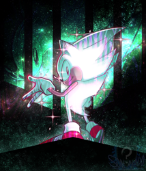 Size: 900x1050 | Tagged: safe, artist:somerand0, sonic the hedgehog, abstract background, classic sonic, hyper form, hyper sonic, looking at viewer, looking back, looking back at viewer, smile, solo, sparkles, standing, watermark