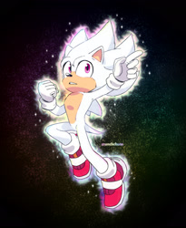 Size: 2048x2494 | Tagged: safe, artist:crunchchute, sonic the hedgehog, 2022, abstract background, flying, hyper form, hyper sonic, looking up, movie style, signature, solo, sparkles