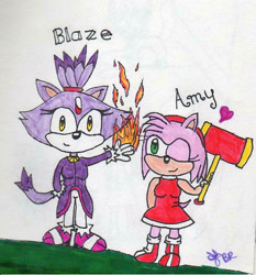 Size: 468x503 | Tagged: safe, artist:amethyst26, amy rose, blaze the cat, cat, hedgehog, 2010, amy x blaze, amy's halterneck dress, blaze's tailcoat, cute, female, females only, flame, heart, lesbian, one eye closed, piko piko hammer, shipping, traditional media