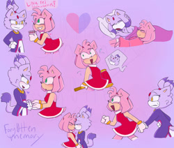 Size: 1280x1084 | Tagged: safe, artist:forg0ttenmemory, amy rose, blaze the cat, cat, hedgehog, 2024, amy x blaze, amy's halterneck dress, blaze's tailcoat, cute, eyes closed, female, females only, heart, holding hands, kiss, lesbian, piko piko hammer, shipping, sleeping