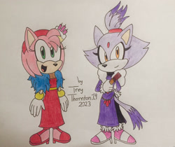 Size: 1280x1077 | Tagged: safe, artist:treythornton19, amy rose, blaze the cat, cat, hedgehog, the murder of sonic the hedgehog, 2023, amy x blaze, blaze's industrial dress, cute, dress, female, females only, lesbian, looking at viewer, shipping, traditional media