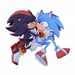 Size: 2048x2048 | Tagged: safe, artist:gunstellations, shadow the hedgehog, sonic the hedgehog, duo, gay, grooming, holding them, licking, licking face, lidded eyes, looking at each other, one eye closed, shadow x sonic, shipping, simple background, sitting, smile, tongue out, white background
