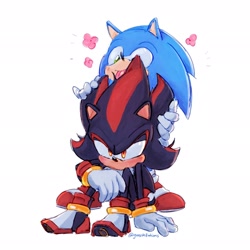 Size: 2048x2048 | Tagged: safe, artist:gunstellations, shadow the hedgehog, sonic the hedgehog, blushing, cute, duo, flower, gay, grooming, licking, shadow x sonic, shipping, signature, simple background, sitting, smile, tongue out, white background