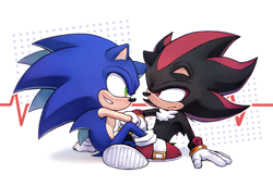 Size: 1900x1300 | Tagged: safe, artist:potatokoko, shadow the hedgehog, sonic the hedgehog, duo, frown, gay, looking at each other, shadow x sonic, shipping, sitting, smile