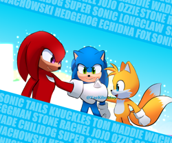 Size: 1024x854 | Tagged: safe, artist:vaekibouiny, knuckles the echidna, miles "tails" prower, sonic the hedgehog, sonic the hedgehog 2 (2022), abstract background, character name, fistbump, team sonic, trio