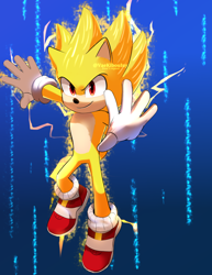 Size: 814x1054 | Tagged: safe, artist:vaekibouiny, sonic the hedgehog, super sonic, sonic the hedgehog 2 (2022), abstract background, arms out, flying, looking at viewer, smile, solo, super form