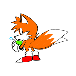 Size: 1080x1080 | Tagged: safe, artist:banditoblight, miles "tails" prower, classic tails, holding something, looking at viewer, looking back, looking back at viewer, mouth open, simple background, solo, standing, white background