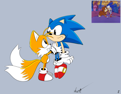 Size: 2048x1593 | Tagged: safe, artist:suzienightsky, miles "tails" prower, sonic the hedgehog, adventures of sonic the hedgehog, carrying them, duo, grey background, lifting them, looking at each other, redraw, reference inset, simple background, standing