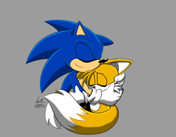 Size: 2048x1593 | Tagged: safe, artist:suzienightsky, miles "tails" prower, sonic the hedgehog, cute, duo, eyes closed, gay, grey background, hugging, shipping, signature, simple background, smile, sonic x tails, standing