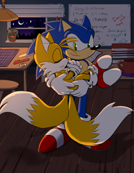 Size: 2048x2633 | Tagged: safe, artist:suzienightsky, miles "tails" prower, sonic the hedgehog, abstract background, carrying them, duo, eyes closed, gay, indoors, looking at them, nighttime, shipping, sleeping, smile, sonic x tails, tails' workshop