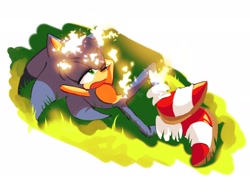 Size: 2048x1570 | Tagged: safe, artist:tamjeong_sonic, sonic the hedgehog, 2024, grass, looking up, lying down, mouth open, simple background, solo, white background